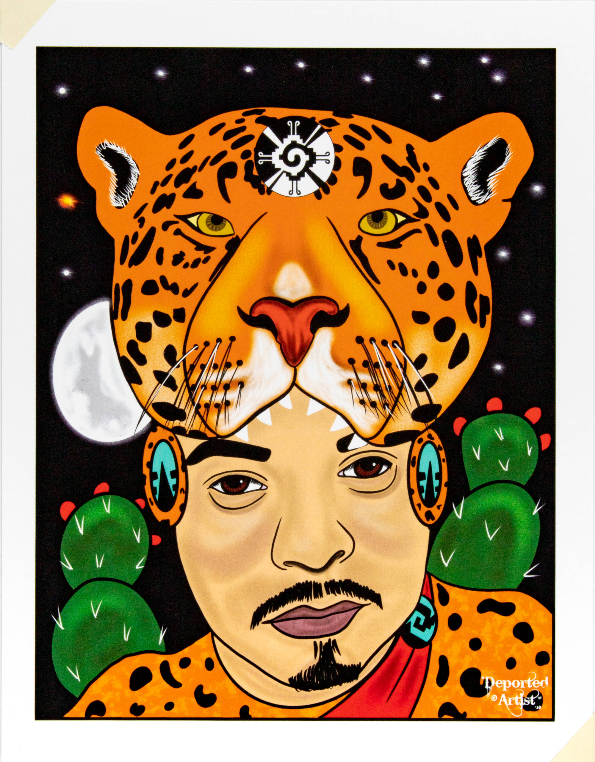 Colorful digital image of man wearing a jaguar head with the moon and cactuses behind him.